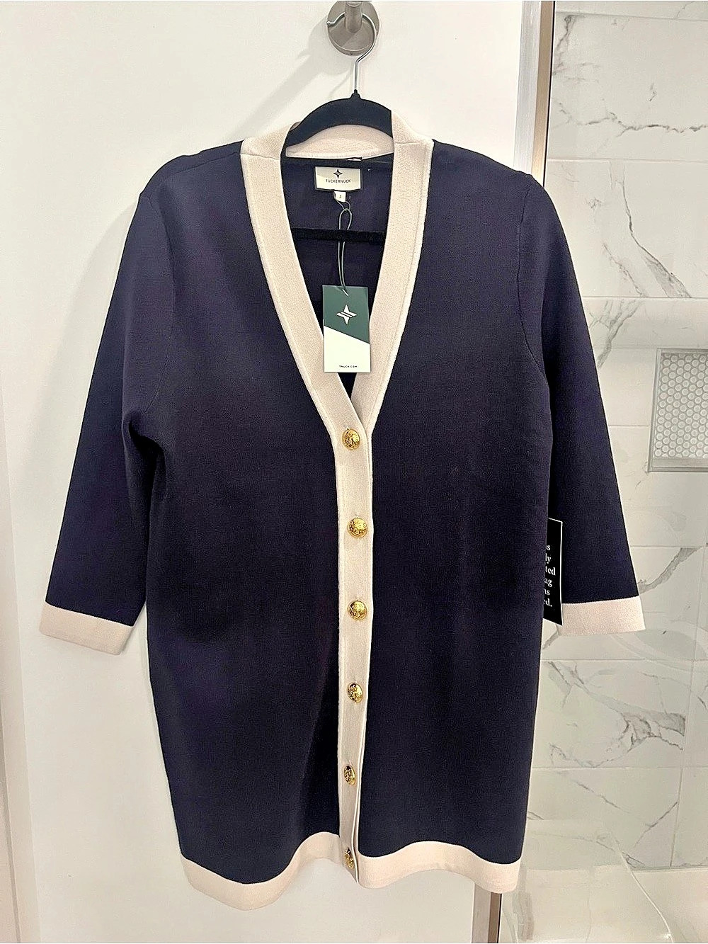 NWT Tuckernuck Navy Cardigan with Gold Hardware in Blue & Cream Size S